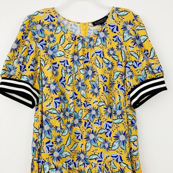 NWT Eloquii Floral Short Sleeve Dress Size 20 Yellow Pleated Black White Trim - Picture 3 of 9